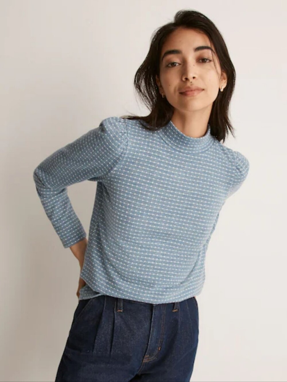 Madewell Jacquard Puff-Sleeve Mockneck Sweater Fall Layering Sz L